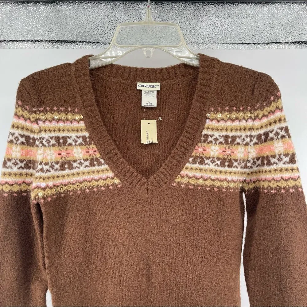 Cherokee Girl’s Brown Sequin Fair Isle V-Neck Pullover Sweater Large 8/10